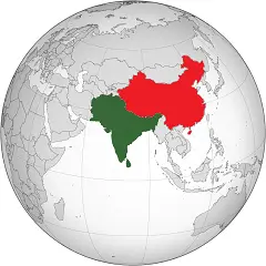 Map of South Asia showing China and India