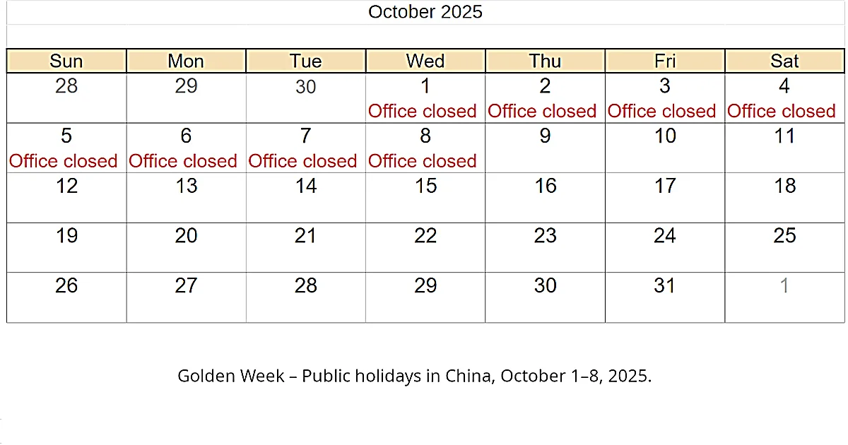 Non-working days in China from October 1 to October 8, 2025